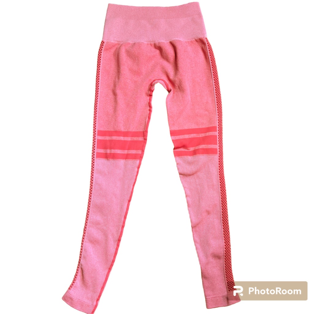 Nux Leggings Moderate Compression Ribbed Perforated Mesh Side Stripe Candy Pink